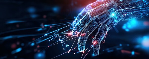 Fototapete - A robotic hand reaches out, connected to a network of data.