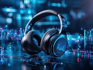 Poster - Black headphones on a glowing circuit board background.