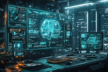 Fototapete - A futuristic computer desk with multiple monitors displaying glowing digital data.