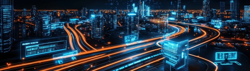 Fototapete - A futuristic city skyline with glowing blue buildings and roads.
