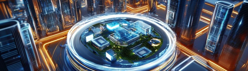 Poster - Futuristic city with glowing lights and a circular structure in the center.