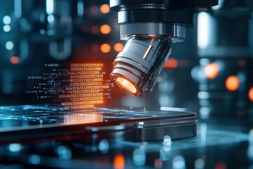 Poster - A close-up of a microscope lens focused on a circuit board.