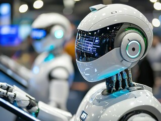 Poster - A close-up of a white humanoid robot with a futuristic helmet.