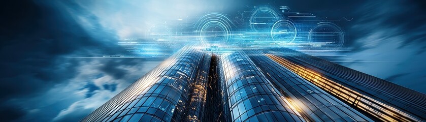 Poster - A futuristic cityscape with a towering skyscraper and glowing blue digital circles in the sky.