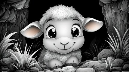 Wall Mural -   A monochrome photograph depicts a sheep peering from a hole in the ground, surrounded by green foliage and rock formations