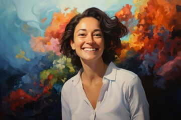 Wall Mural - Portrait of a grinning woman in her 40s wearing a classic white shirt on vibrant coral reef