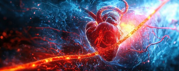 Poster - Abstract digital rendering of a heart with glowing veins.