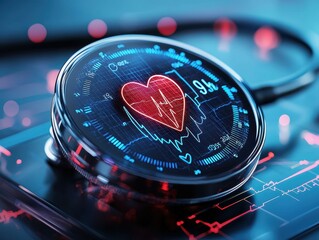 Poster - Close-up of a stethoscope with a digital heart rate monitor.