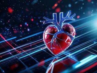 Poster - A 3D rendering of a human heart against a glowing blue and red background.