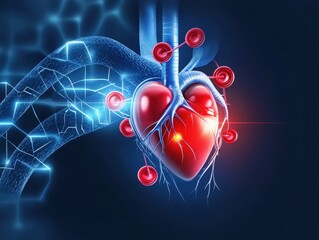 Poster - A 3D rendering of a human heart with blue and red veins connected to glowing circles.