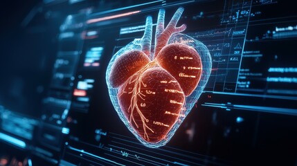 Poster - Digital rendering of a human heart with a wireframe overlay.