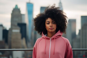 Wall Mural - Portrait of a tender afro-american woman in her 20s wearing a zip-up fleece hoodie in front of stunning skyscraper skyline