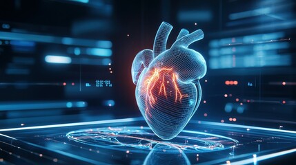 Poster - A digital rendering of a human heart, glowing blue with red veins.