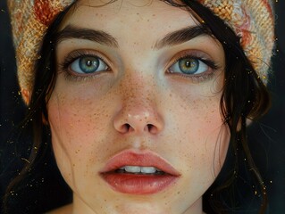 Poster - Close-Up Portrait of a Woman with Freckles and a Knitted Hat