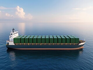 A cargo ship powered by hydrogen fuel cells, drastically reducing its carbon footprint, carbon footprint, sustainable shipping