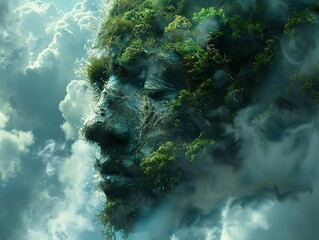 Wall Mural - Nature's Face: A Surreal Landscape of Green and Clouds