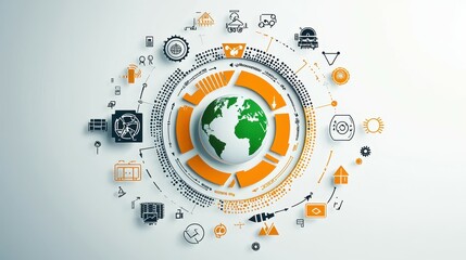 Poster - A globe surrounded by a circle of abstract symbols, suggesting global connectivity.