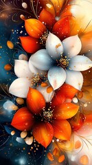 Wall Mural -   An orange and white floral painting against a blue canvas with swirling gold and white at the base