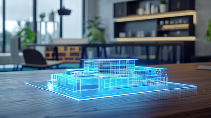 Poster - 3d blue prints of a back virtual hologram display on the table