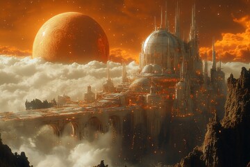 Wall Mural - A majestic futuristic cityscape surrounded by clouds and a large planet in the background.