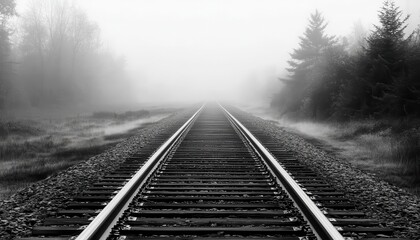 Train tracks with yellow markings, covered in a blanket of fog, fading into the mist Highcontrast shot, creating a mysterious, dreamlike railway scene with an air of solitude