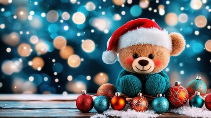 Wall Mural -  Teddy Bear in Santa Hat on Table with Christmas Ornaments