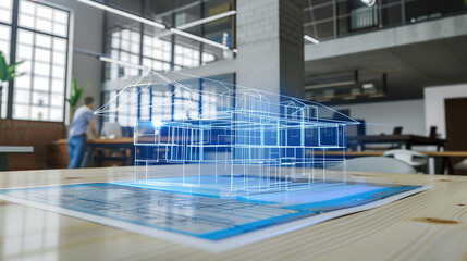 3d blue prints of a back virtual hologram display on the table