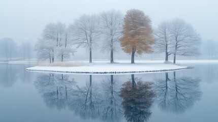 Wall Mural - serene winter landscape with snowcovered trees reflecting on a tranquil lake evoking a peaceful serene atmosphere amidst a blanket of white
