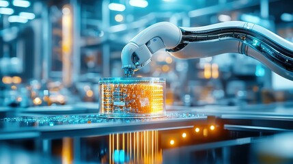 Poster - A robotic arm works on a production line in a factory.
