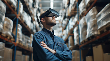 Poster - manager in modern warehouse using artificial intelligence and virtual reality based technology for logistics management