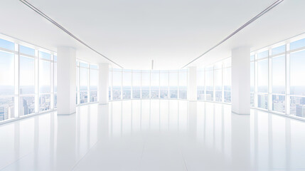 Poster - A large, wide open hall or room, with a big windows and view