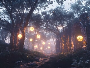 Poster - Enchanted Forest with Glowing Orbs at Dusk