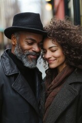 Affectionate couple sharing a tender moment on city steps, Generative AI