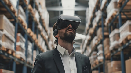 Poster - manager in modern warehouse using artificial intelligence and virtual reality based technology for logistics management