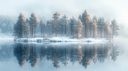 Wall Mural - serene winter landscape with snowcovered trees reflecting on a tranquil lake evoking a peaceful serene atmosphere amidst a blanket of white