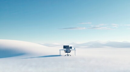 Poster - An office setup in the middle of a pristine white desert, offering a surreal and remote work environment with ample room for copy.