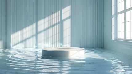 Poster - A white circular podium on the water, surrounded by light blue walls with vertical stripes, is set against an indoor background with a window and sunlight shining in from outside