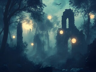 Poster - Mysterious Ruins in Enchanted Forest at Twilight