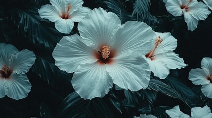 Poster -   A close-up of a white flower with green leaves in the background and a red center at the flower's center