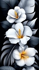  Black and white floral background with white and yellow flowers on a black background