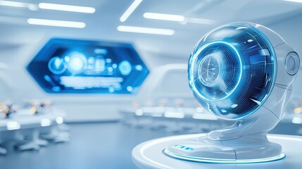 Fototapete - Futuristic device with glowing blue interface.