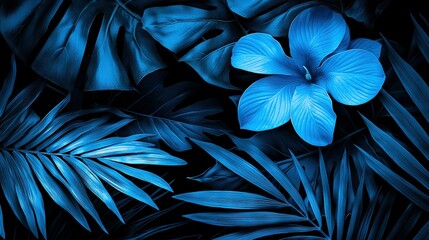 Poster -   A blue flower sits atop a green palm tree amidst a lush forest