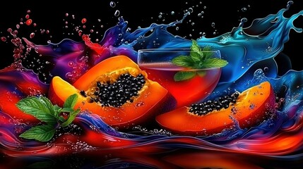 Poster -   A painting depicting a fruit and glass of juice, with water splashing from the base