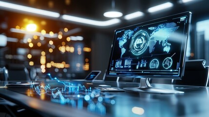 Fototapete - A computer monitor displays a map and charts in an office setting.