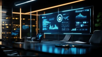 Fototapete - A modern office with a large monitor displaying data and graphs.