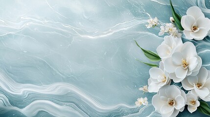 Poster -   A cluster of white blossoms atop a blue-marbled background with wavy waters in the background