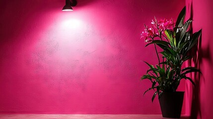 Wall Mural -   A spacious, pink room boasts a lush potted plant on the floor and a warm light hanging from the corner wall