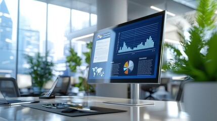 Fototapete - A modern office desk with a monitor displaying charts and graphs.