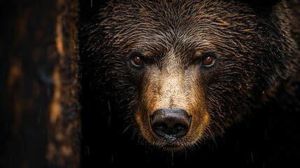 Canvas Print -   A brown bear's face with rain droplets falling from the nose in a close-up on a dark background