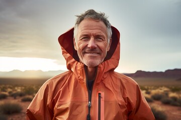 Wall Mural - Portrait of a jovial man in his 60s sporting a waterproof rain jacket isolated in backdrop of desert dunes